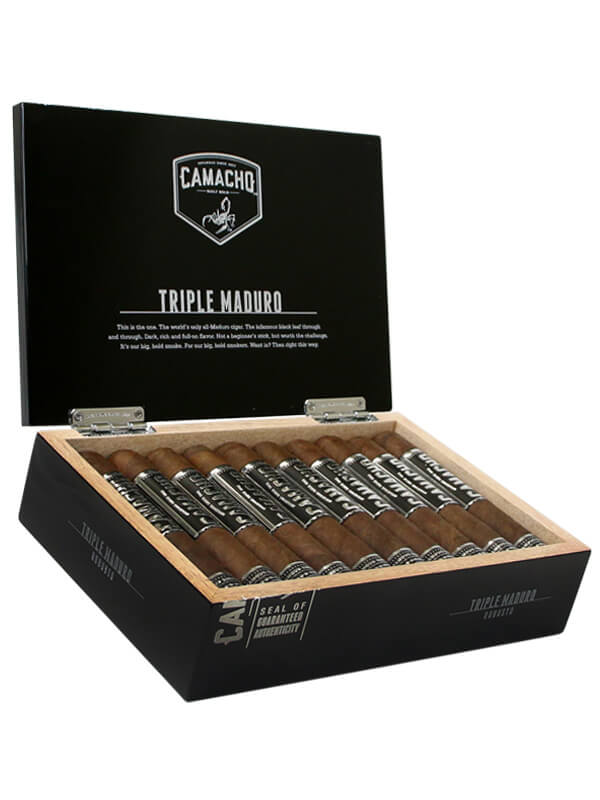 Camacho-Triple-Maduro-Robusto-Box-Cigars Open box of Camacho Triple Maduro Robusto