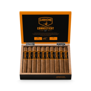 This photo shows an open box of Camacho Box Press toro's