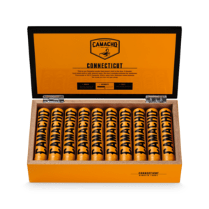 This photo shows an open box of the Camacho Connecticut Robusto Tubo's