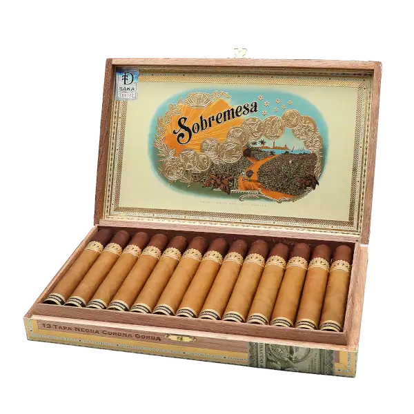 Dunbarton-Tobacco-Trust-Sobremesa-Tapa-Negra Sobremesa Tapa Negra Corona Gorda open box of cigars